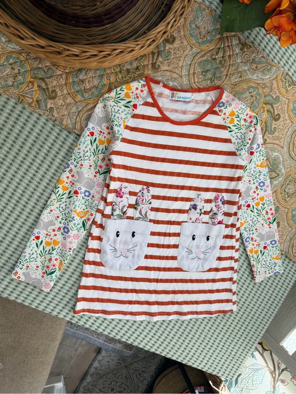 Sun Moon Kids Boutique Toddler Girl Mixed Media Long Sleeve Dress Bunnies Floral